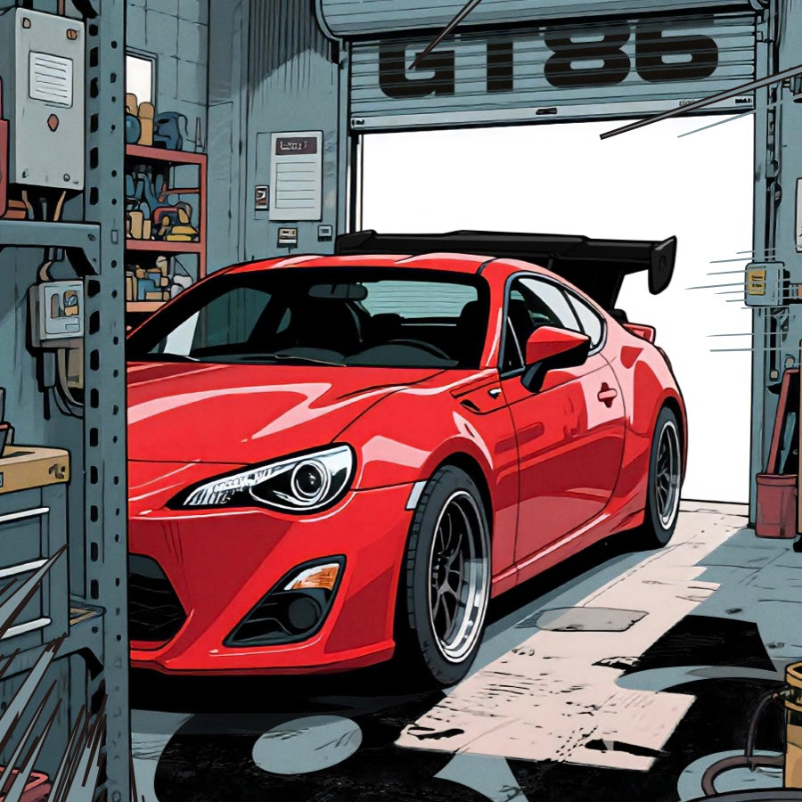 Red sports car in a garage with 'GT86' branding